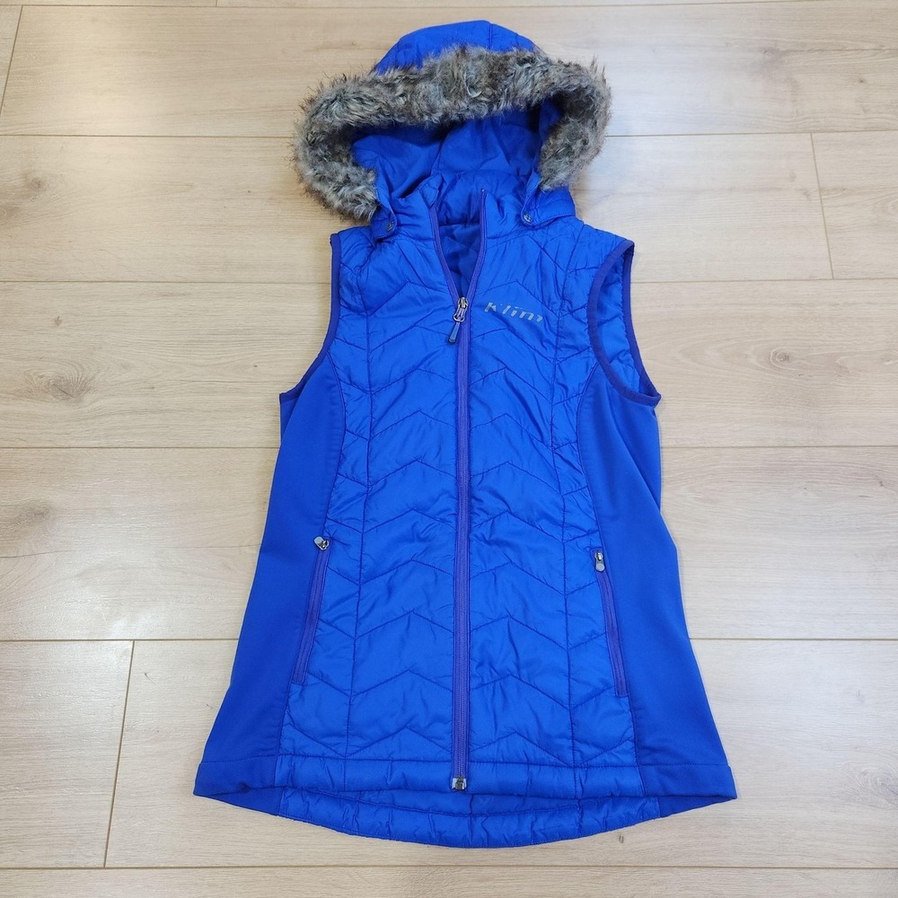 Klim Arise Puffer Vest Womens Small Blue Insulated Hooded Fur Full Zip Winter